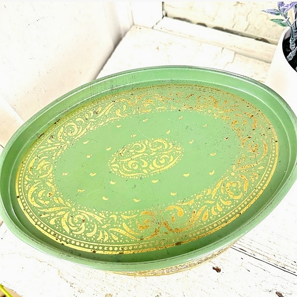 Vintage Guildcraft Oval Tin Golden & Moss green Storage Box - Picture 5 of 12